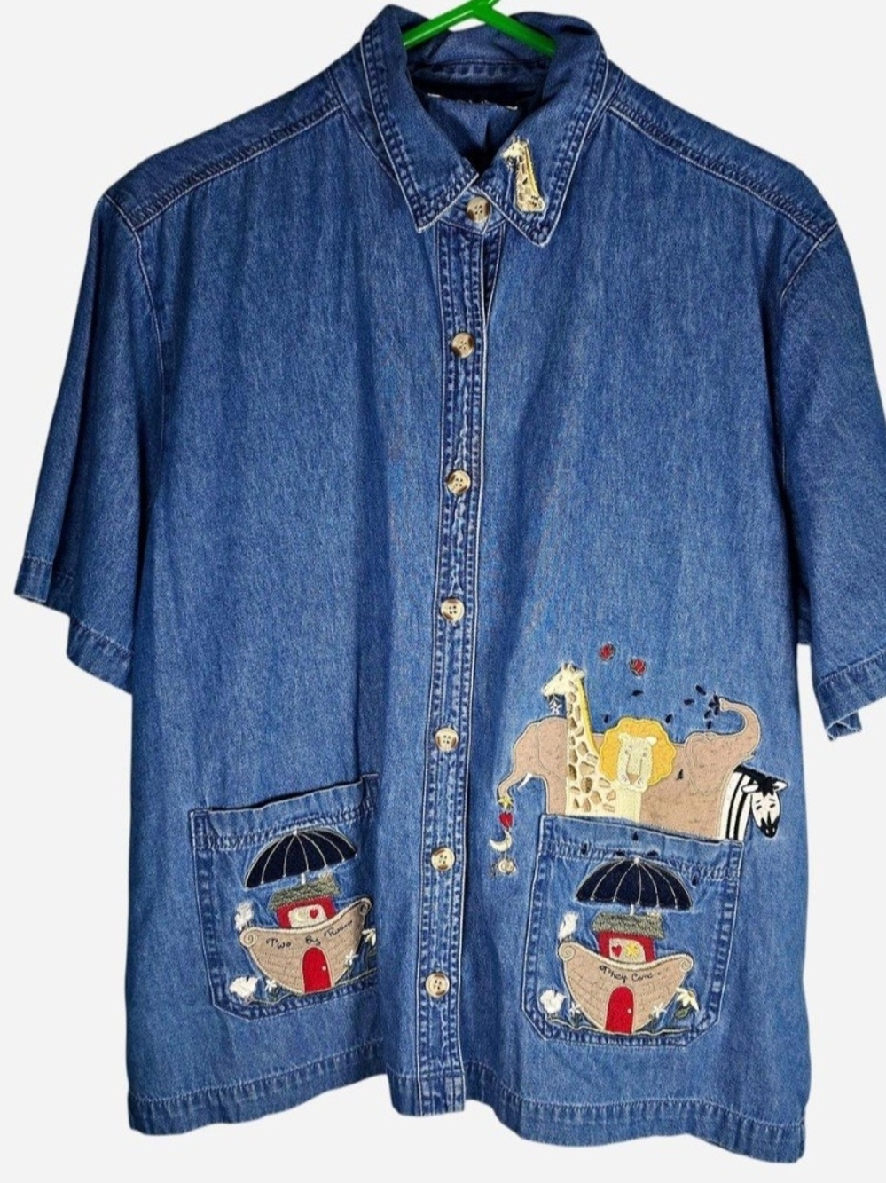 Embroidered Denim Noahs Ark Patchwork Short Sleeve Shirt Vintage Womens XL
